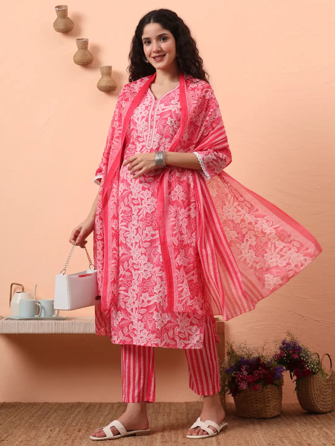 Yufta Pink Ethnic Motifs Pure Cotton Straight Kurta Pant Set | Grocsy