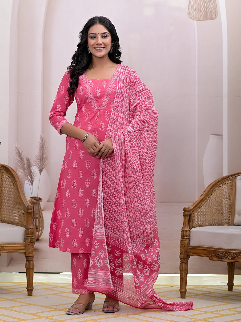 Yufta Pink Floral Cotton A-Line Suit Set | Grocsy