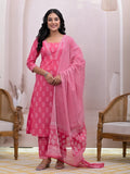 Yufta Pink Floral Cotton A-Line Suit Set | Grocsy