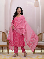 Yufta Pink Floral Cotton A-Line Suit Set | Grocsy