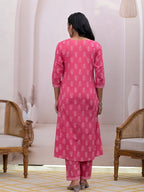 Yufta Pink Floral Cotton A-Line Suit Set | Grocsy
