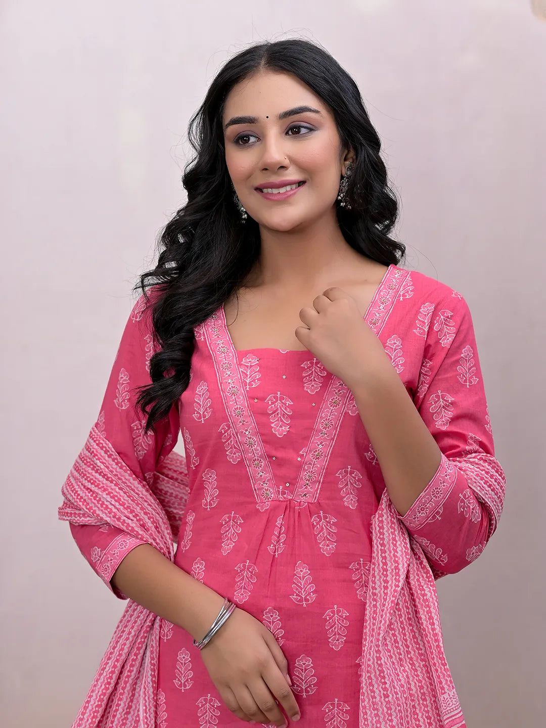Yufta Pink Floral Cotton A-Line Suit Set | Grocsy