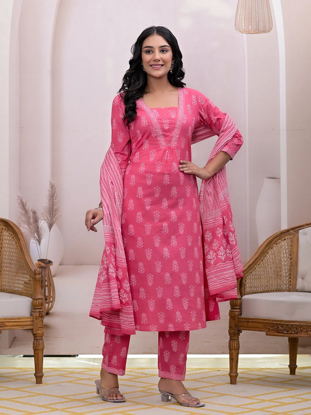 Yufta Pink Floral Cotton A-Line Suit Set | Grocsy