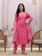 Yufta Pink Floral Cotton A-Line Suit Set | Grocsy