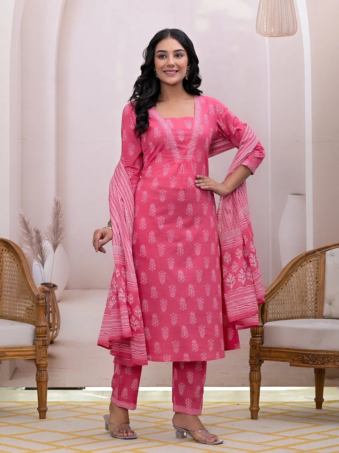 Yufta Pink Floral Cotton A-Line Suit Set | Grocsy