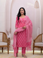 Yufta Pink Floral Cotton A-Line Suit Set | Grocsy