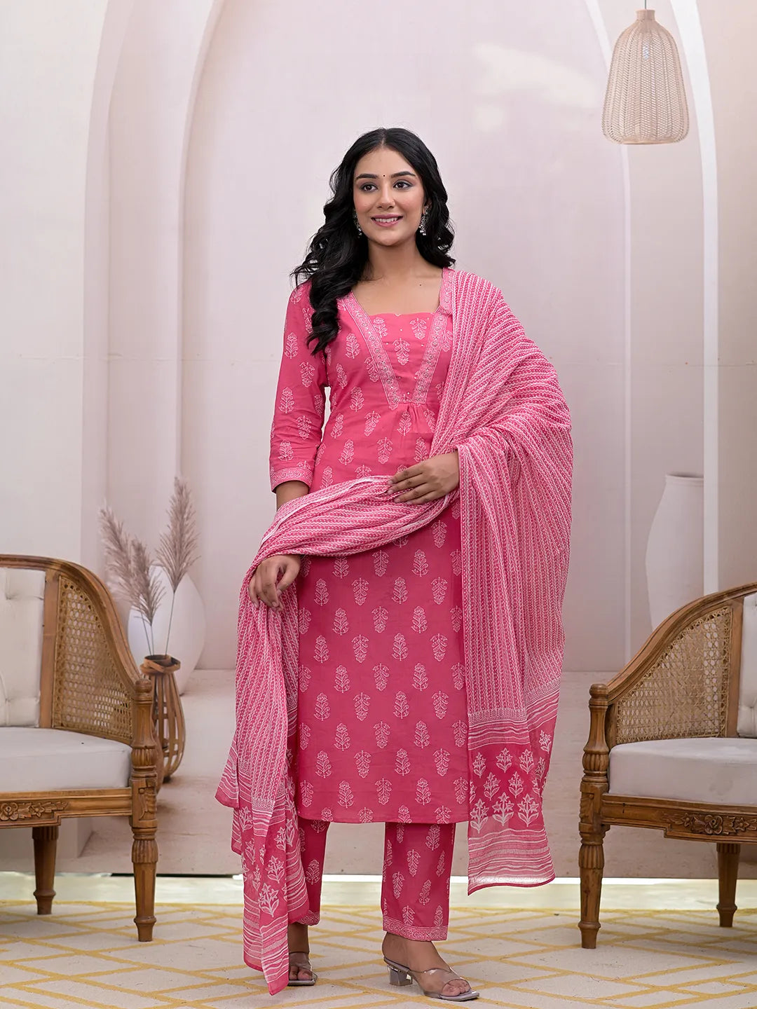 Yufta Pink Floral Cotton A-Line Suit Set | Grocsy