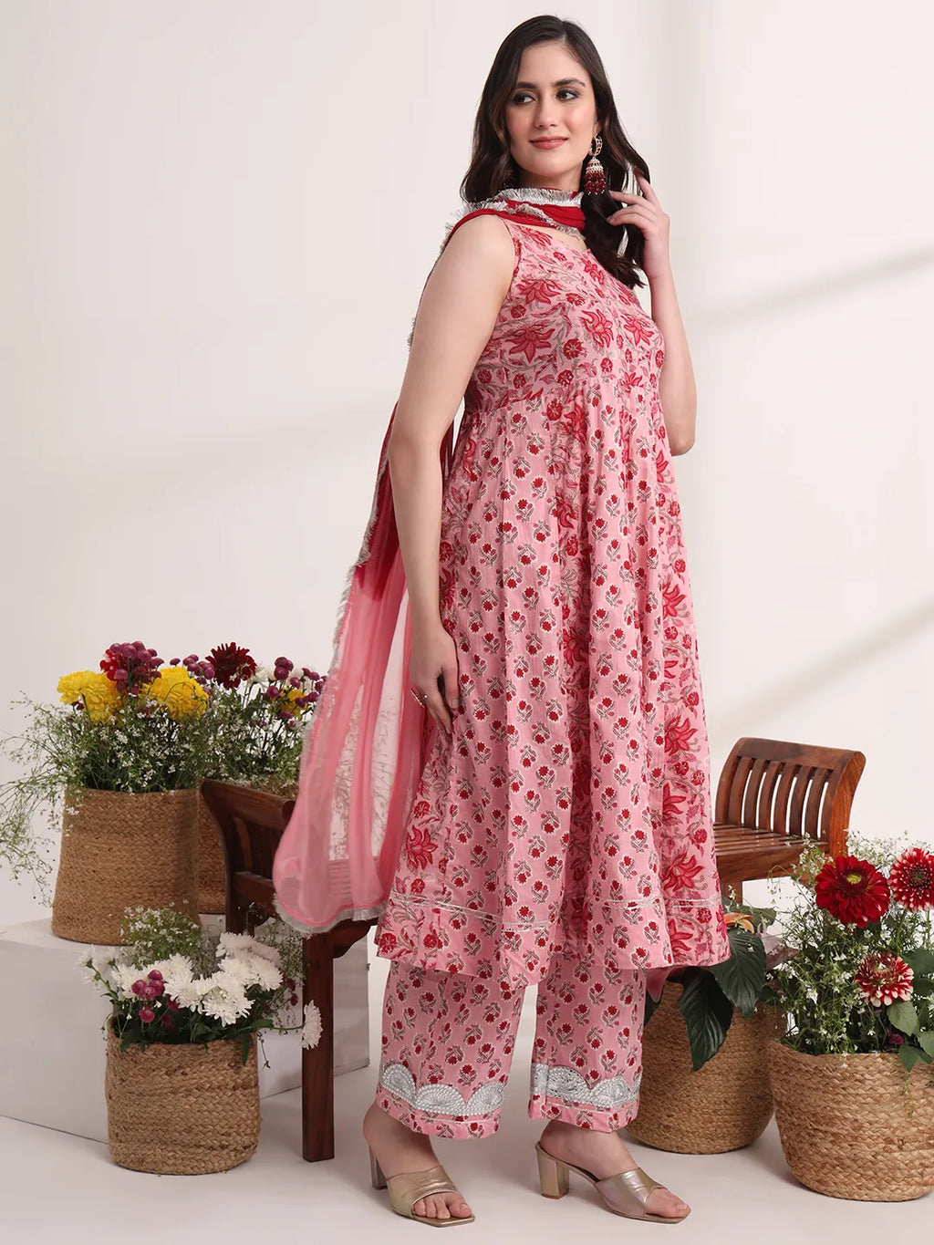Yufta Pink Floral Print Anarkali Kurta And Trouser With Dupatta Set | Grocsy