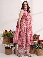 Yufta Pink Floral Print Anarkali Kurta And Trouser With Dupatta Set | Grocsy