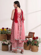 Yufta Pink Floral Print Anarkali Kurta And Trouser With Dupatta Set | Grocsy
