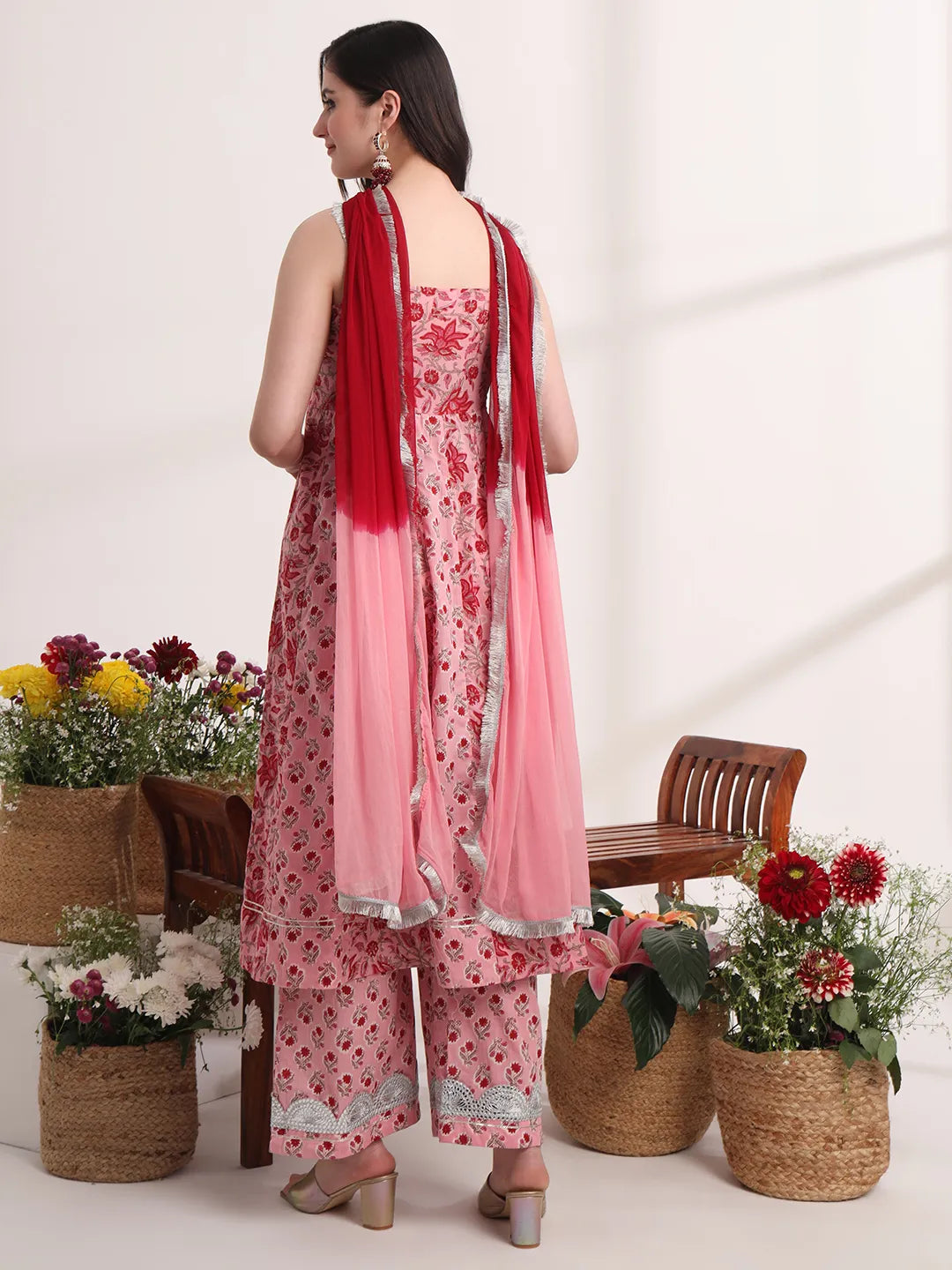 Yufta Pink Floral Print Anarkali Kurta And Trouser With Dupatta Set | Grocsy