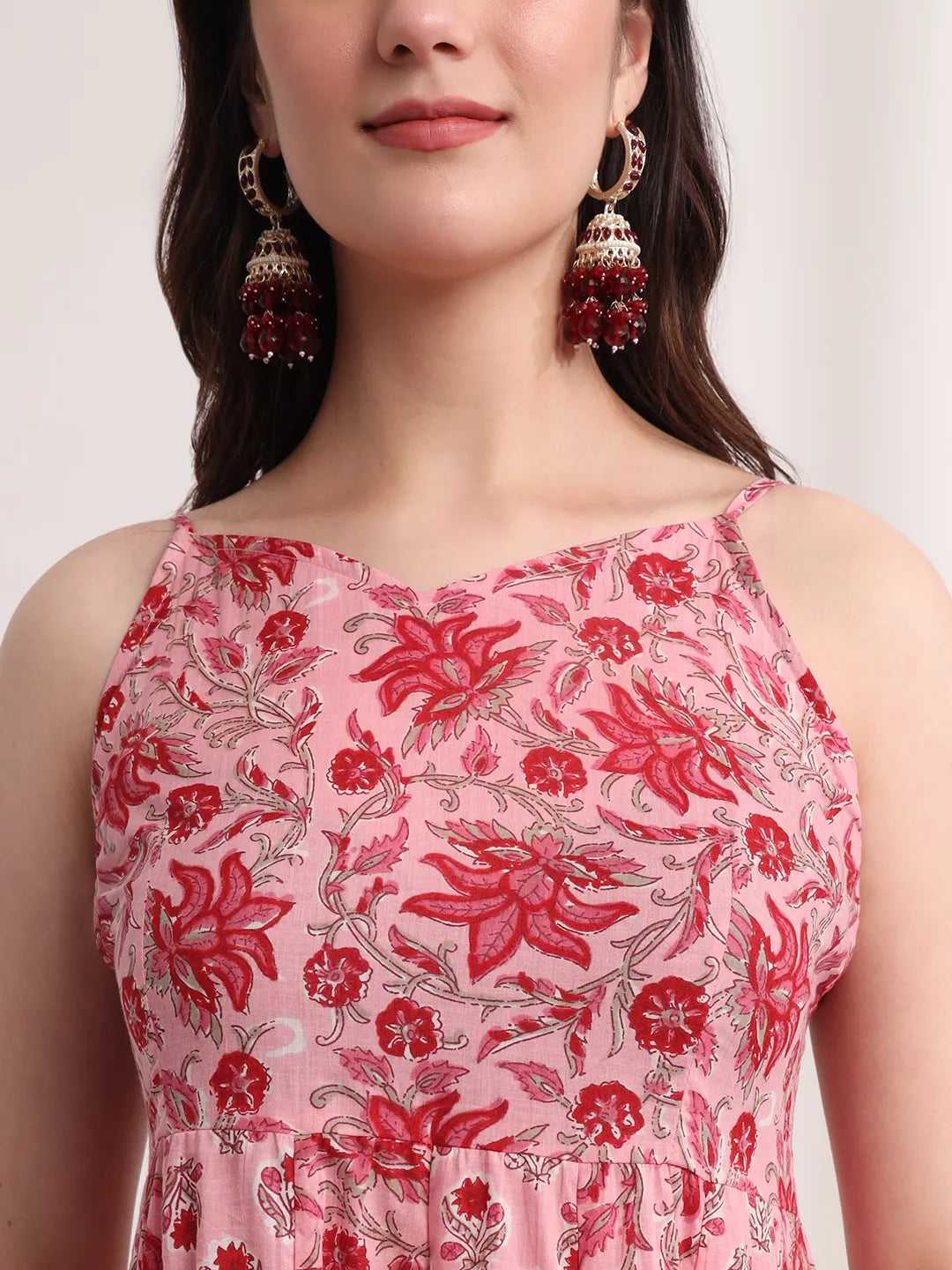 Yufta Pink Floral Print Anarkali Kurta And Trouser With Dupatta Set | Grocsy