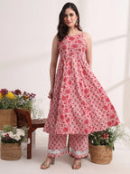Yufta Pink Floral Print Anarkali Kurta And Trouser With Dupatta Set | Grocsy