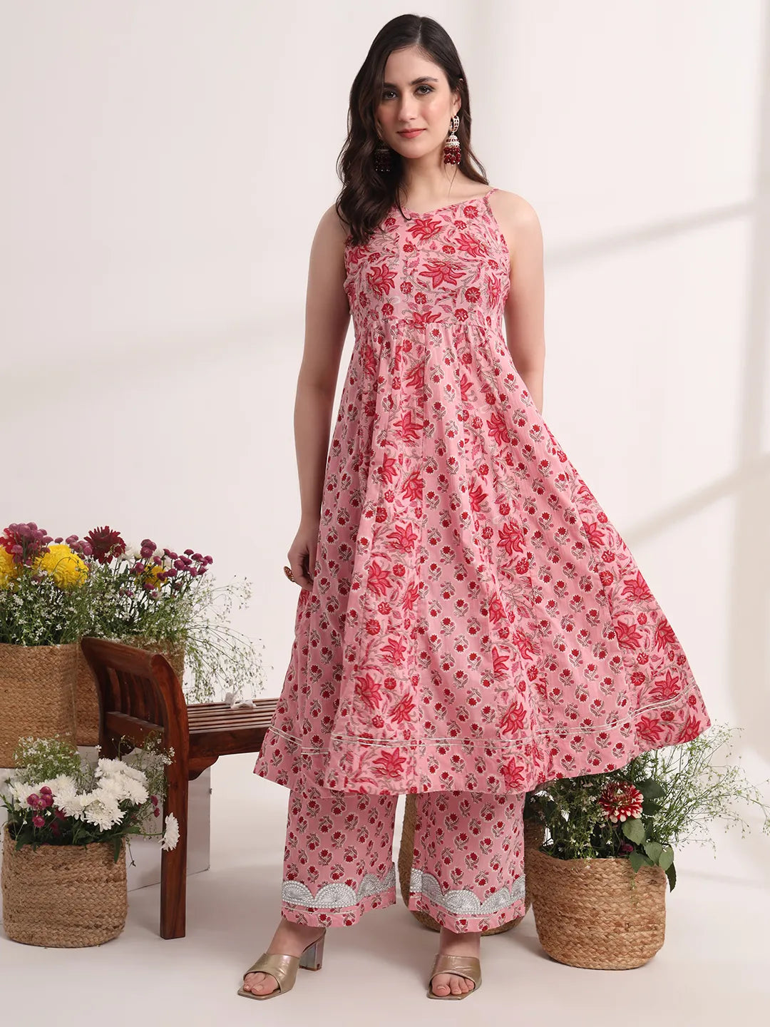 Yufta Pink Floral Print Anarkali Kurta And Trouser With Dupatta Set | Grocsy