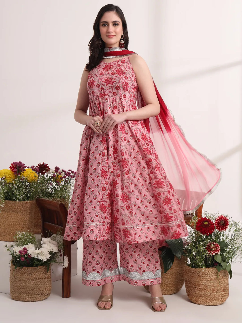 Yufta Pink Floral Print Anarkali Kurta And Trouser With Dupatta Set | Grocsy