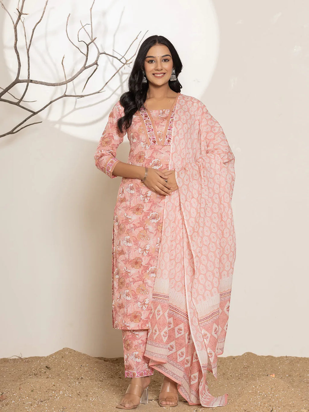 Yufta Pink Floral Print Cotton Straight Kurta Dupatta Set | Grocsy