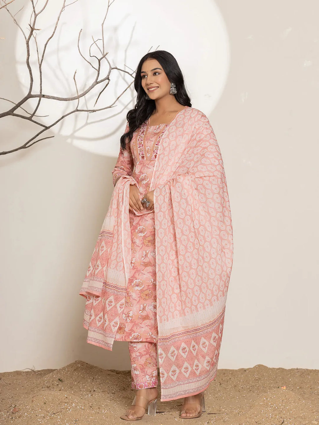 Yufta Pink Floral Print Cotton Straight Kurta Dupatta Set | Grocsy