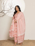 Yufta Pink Floral Print Cotton Straight Kurta Dupatta Set | Grocsy