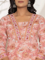 Yufta Pink Floral Print Cotton Straight Kurta Dupatta Set | Grocsy