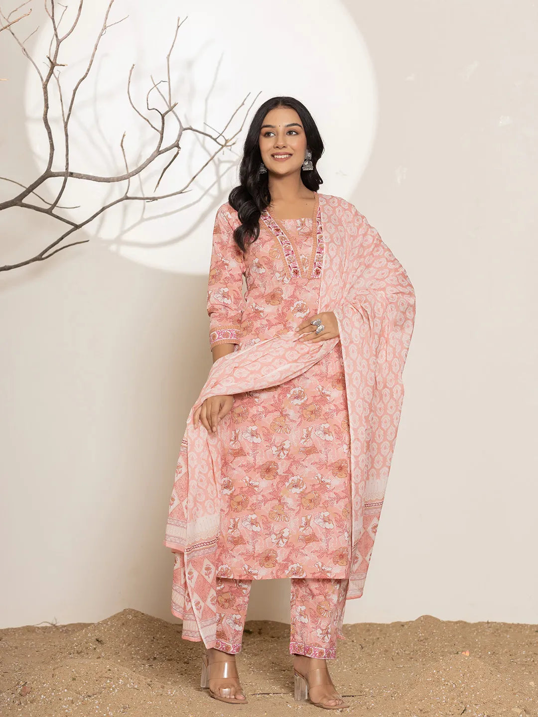Yufta Pink Floral Print Cotton Straight Kurta Dupatta Set | Grocsy