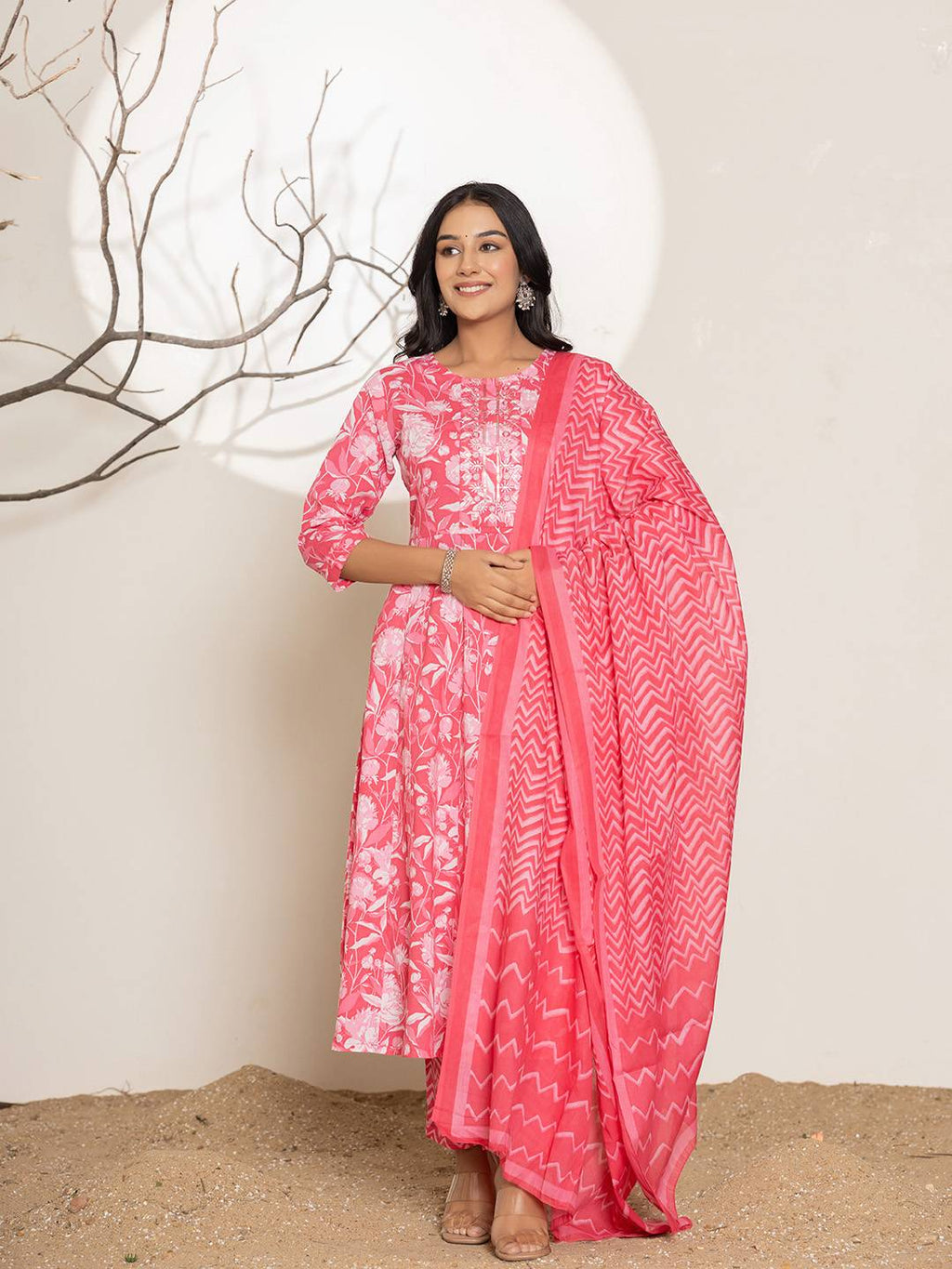 Yufta Pink Floral Print Embroidery Cotton Anarkali Suit Set | Grocsy