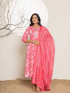Yufta Pink Floral Print Embroidery Cotton Anarkali Suit Set | Grocsy