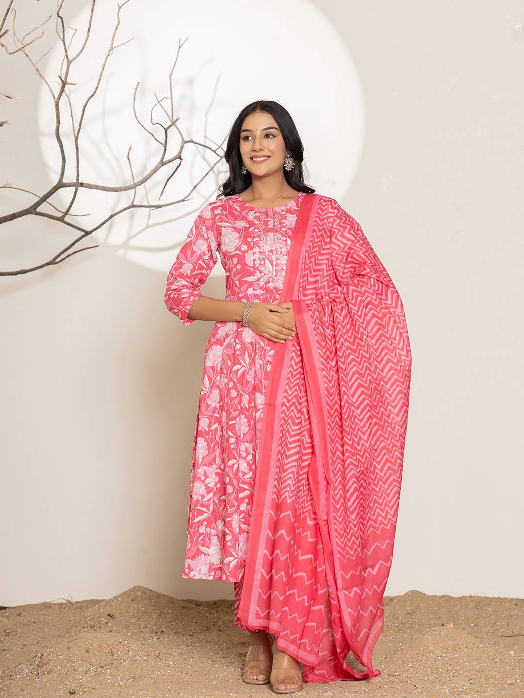 Yufta Pink Floral Print Embroidery Cotton Anarkali Suit Set | Grocsy