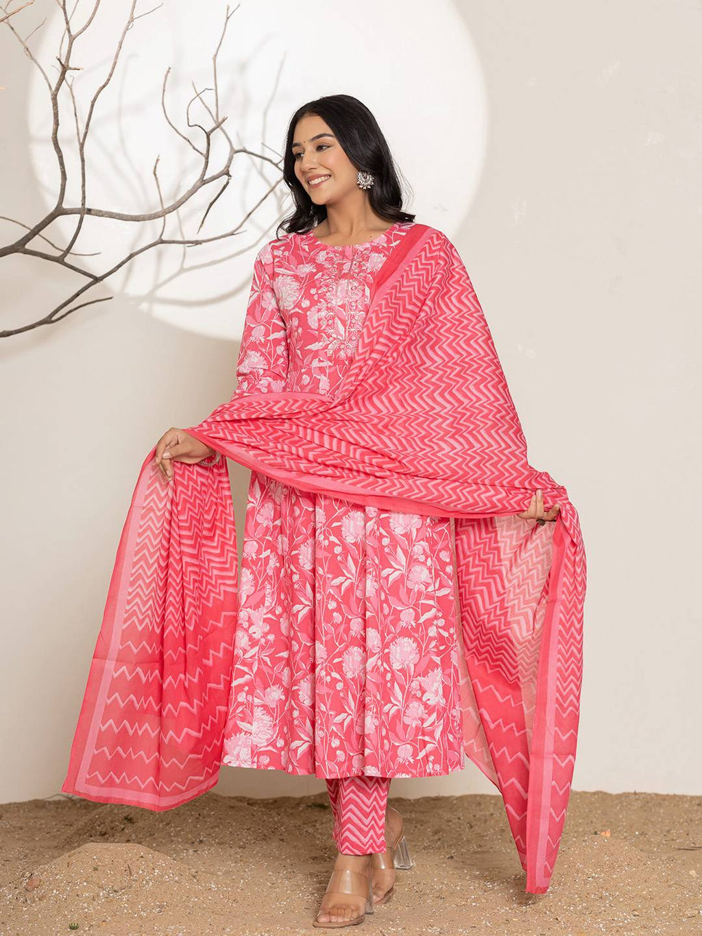 Yufta Pink Floral Print Embroidery Cotton Anarkali Suit Set | Grocsy