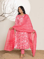 Yufta Pink Floral Print Embroidery Cotton Anarkali Suit Set | Grocsy