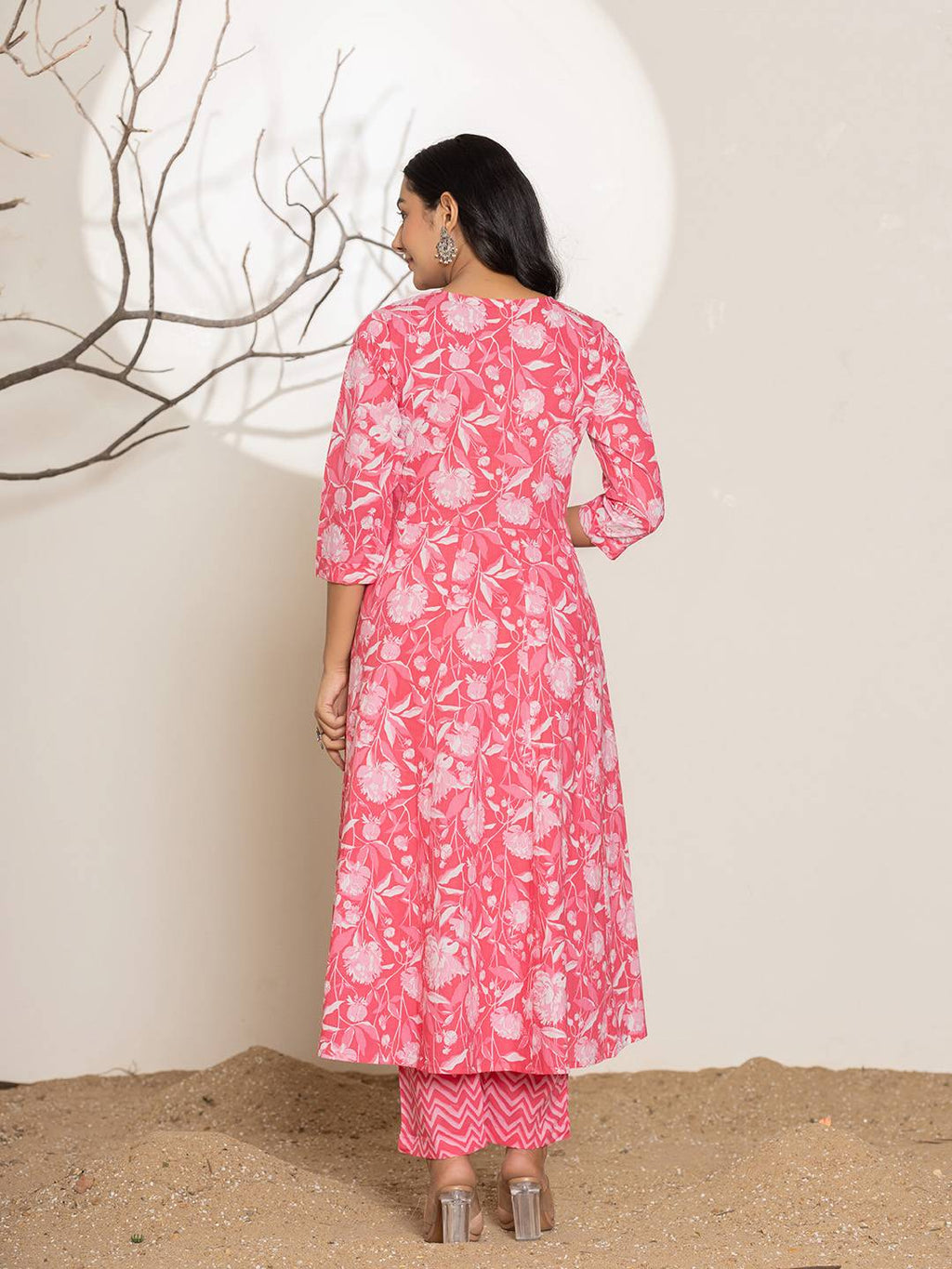 Yufta Pink Floral Print Embroidery Cotton Anarkali Suit Set | Grocsy