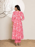 Yufta Pink Floral Print Embroidery Cotton Anarkali Suit Set | Grocsy