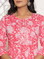 Yufta Pink Floral Print Embroidery Cotton Anarkali Suit Set | Grocsy