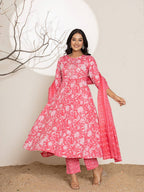 Yufta Pink Floral Print Embroidery Cotton Anarkali Suit Set | Grocsy