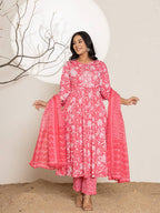 Yufta Pink Floral Print Embroidery Cotton Anarkali Suit Set | Grocsy