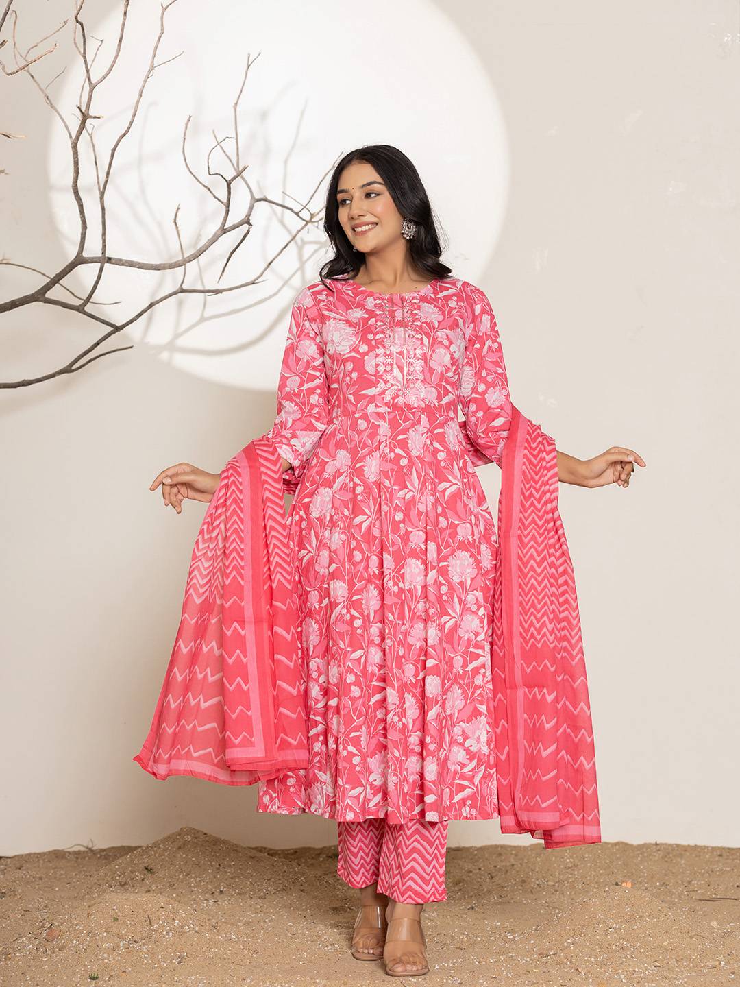 Yufta Pink Floral Print Embroidery Cotton Anarkali Suit Set | Grocsy