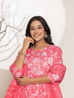 Yufta Pink Floral Print Embroidery Cotton Anarkali Suit Set | Grocsy
