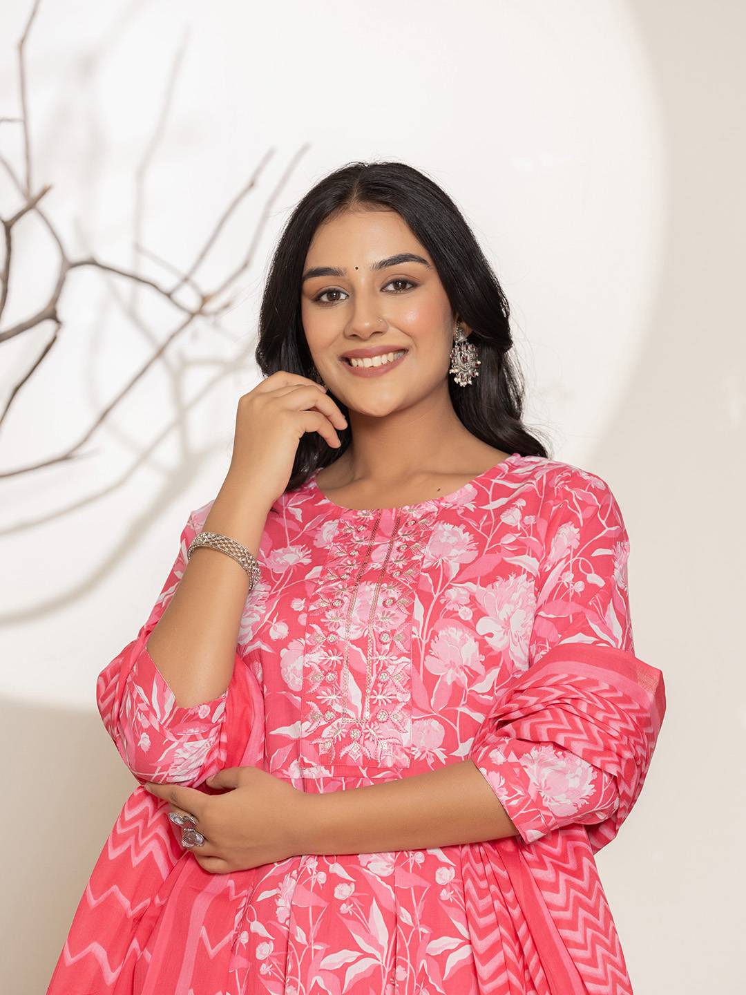 Yufta Pink Floral Print Embroidery Cotton Anarkali Suit Set | Grocsy