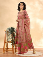 Yufta Pink Floral Print Sequins Work Anarkali Kurta And Trouser With Dupatta Set | Grocsy
