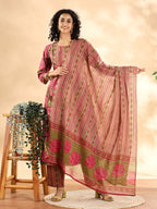 Yufta Pink Floral Print Sequins Work Anarkali Kurta And Trouser With Dupatta Set | Grocsy