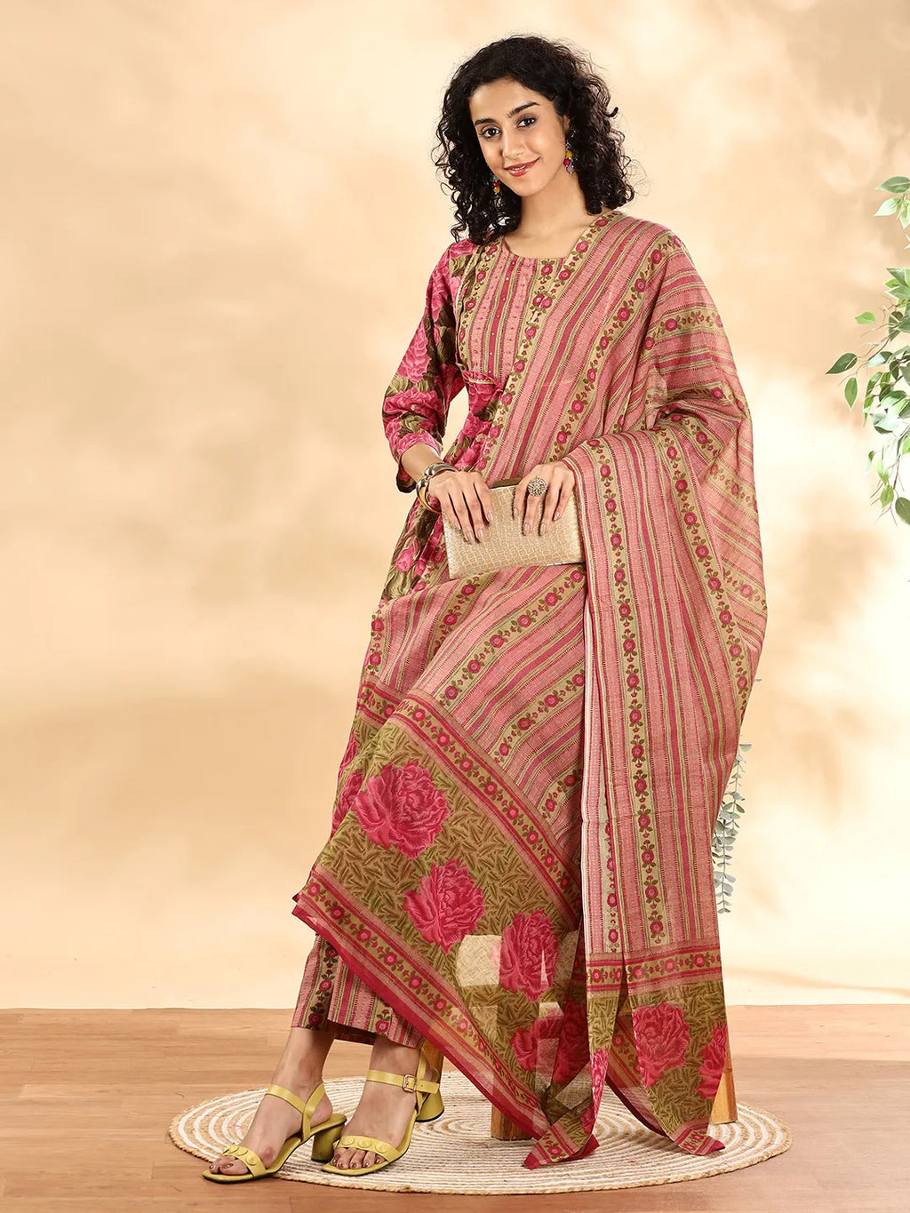 Yufta Pink Floral Print Sequins Work Anarkali Kurta And Trouser With Dupatta Set | Grocsy