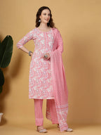 Yufta Pink Floral Print Straight Kurta Trouser Dupatta Set | Grocsy