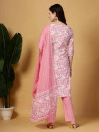 Yufta Pink Floral Print Straight Kurta Trouser Dupatta Set | Grocsy