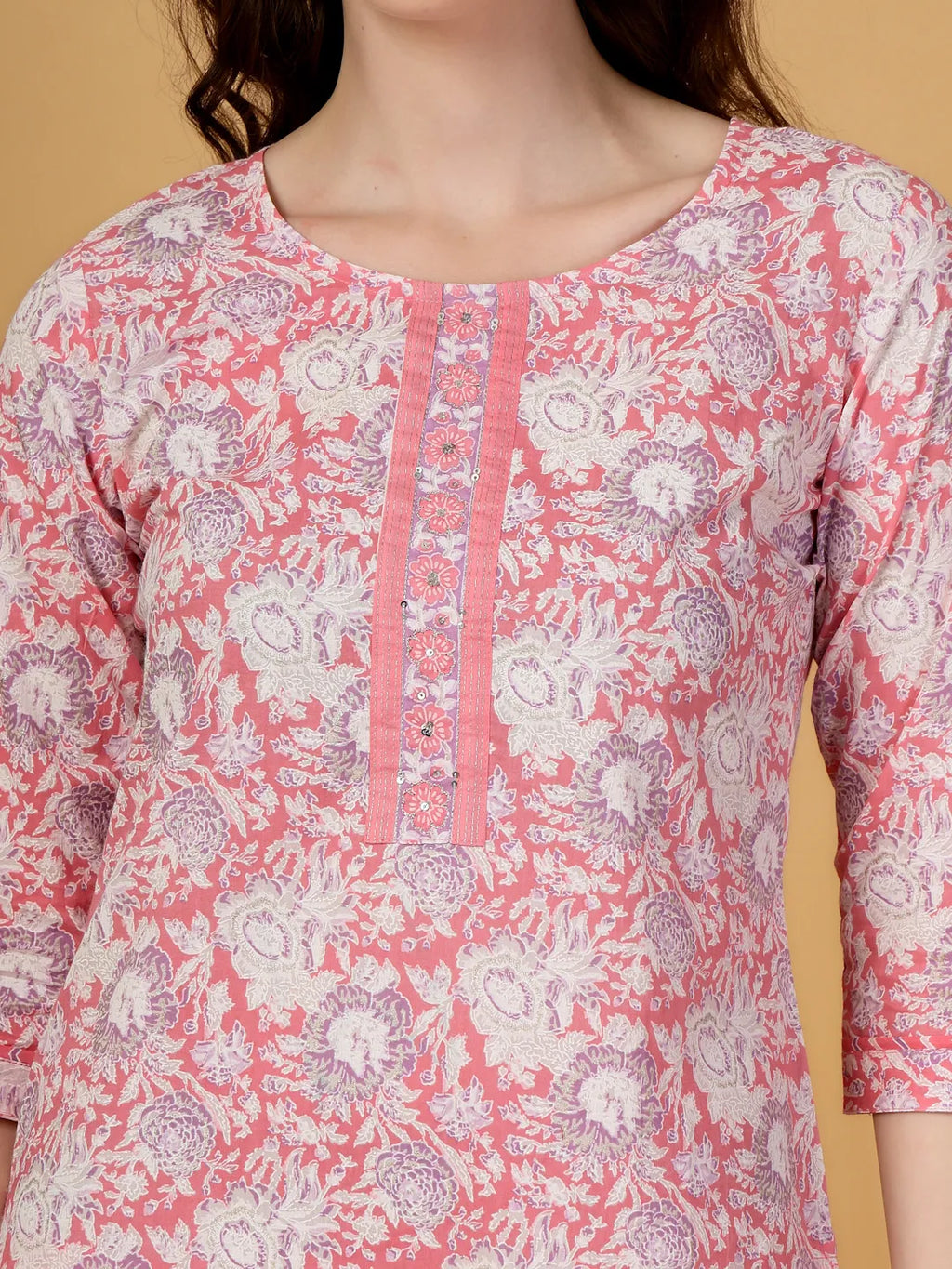 Yufta Pink Floral Print Straight Kurta Trouser Dupatta Set | Grocsy