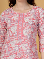 Yufta Pink Floral Print Straight Kurta Trouser Dupatta Set | Grocsy