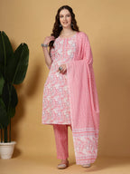 Yufta Pink Floral Print Straight Kurta Trouser Dupatta Set | Grocsy