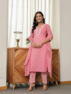 Yufta Pink Floral Thread Work Straight Kurta Trouser Dupatta Set | Grocsy