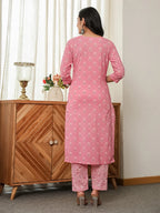 Yufta Pink Floral Thread Work Straight Kurta Trouser Dupatta Set | Grocsy