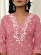Yufta Pink Floral Thread Work Straight Kurta Trouser Dupatta Set | Grocsy