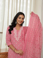 Yufta Pink Floral Thread Work Straight Kurta Trouser Dupatta Set | Grocsy
