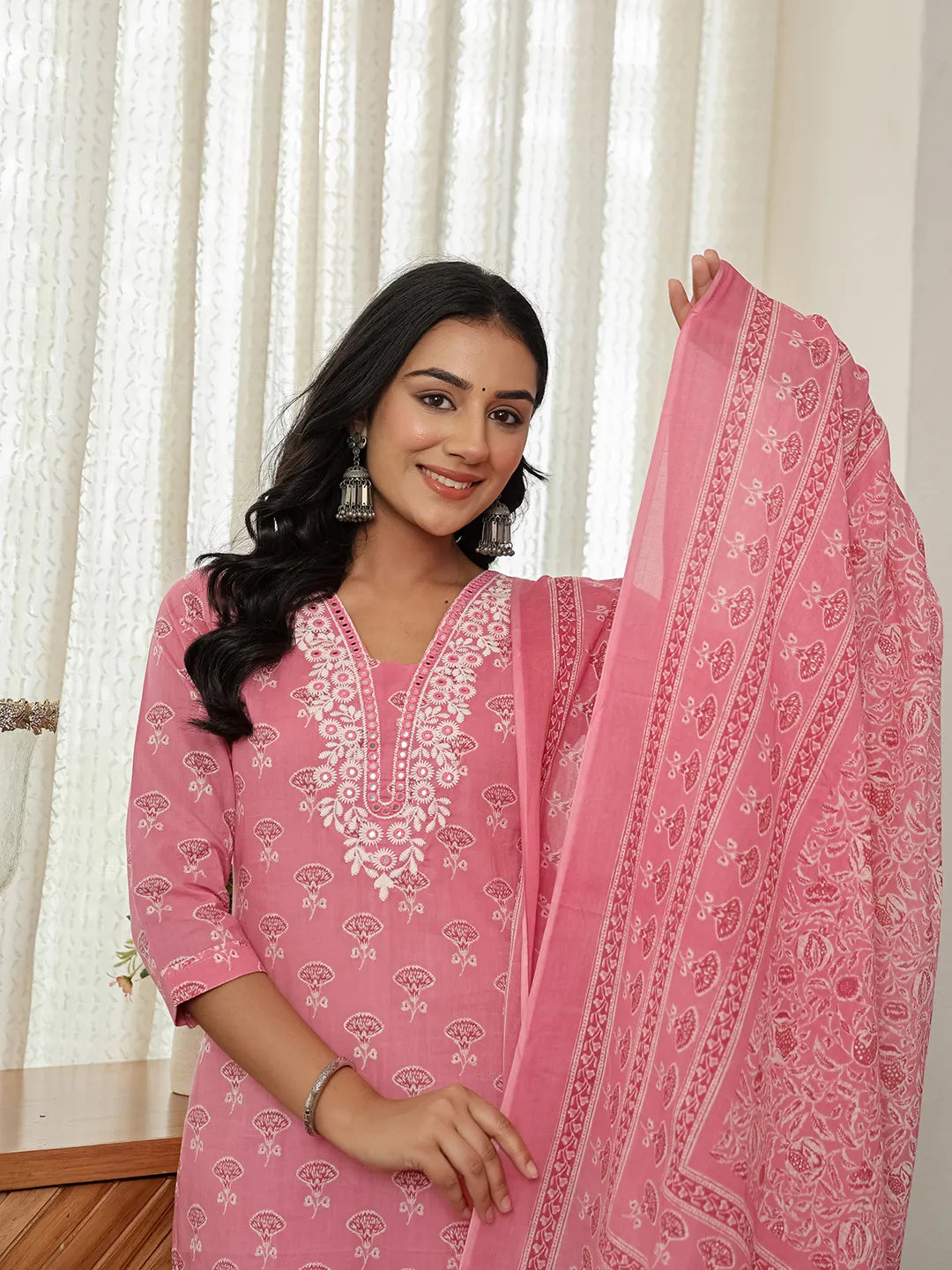 Yufta Pink Floral Thread Work Straight Kurta Trouser Dupatta Set | Grocsy